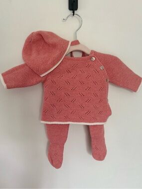 Coconut Newborn Baby 3-Piece Knitted Matching Set in Coral Pink Size 0-1M